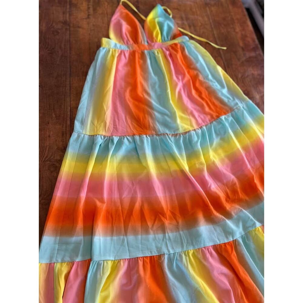 Rainbow Striped Ruffle Hem Maxi Dress